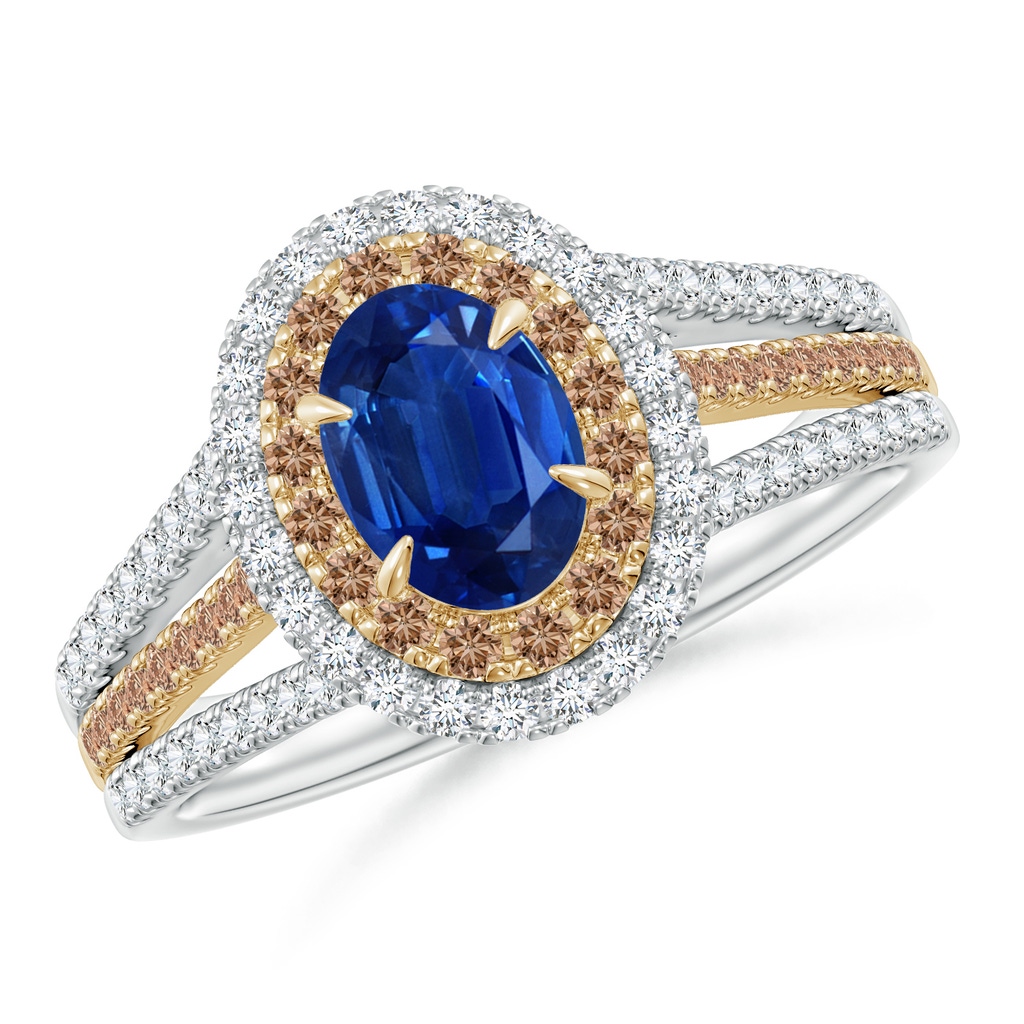 7x5mm AAA Sapphire & Coffee Diamond Double Halo Ring in Two Tone Gold in White Gold Yellow Gold