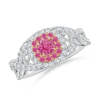 4mm AAA Pink Sapphire & Diamond Two Tone Ring with Criss-Cross Shank in White Gold Rose Gold