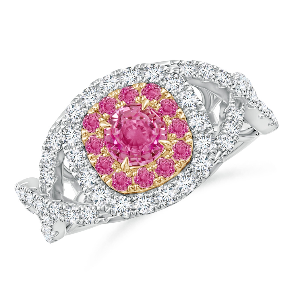 5mm AAA Pink Sapphire & Diamond Two Tone Ring with Criss-Cross Shank in White Gold Yellow Gold