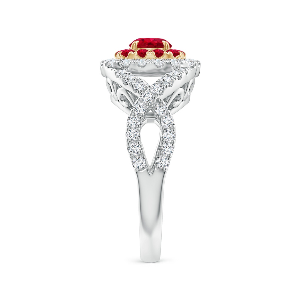 5mm AAA Ruby & Diamond Two Tone Ring with Criss-Cross Shank in Yellow Gold White Gold Product Image