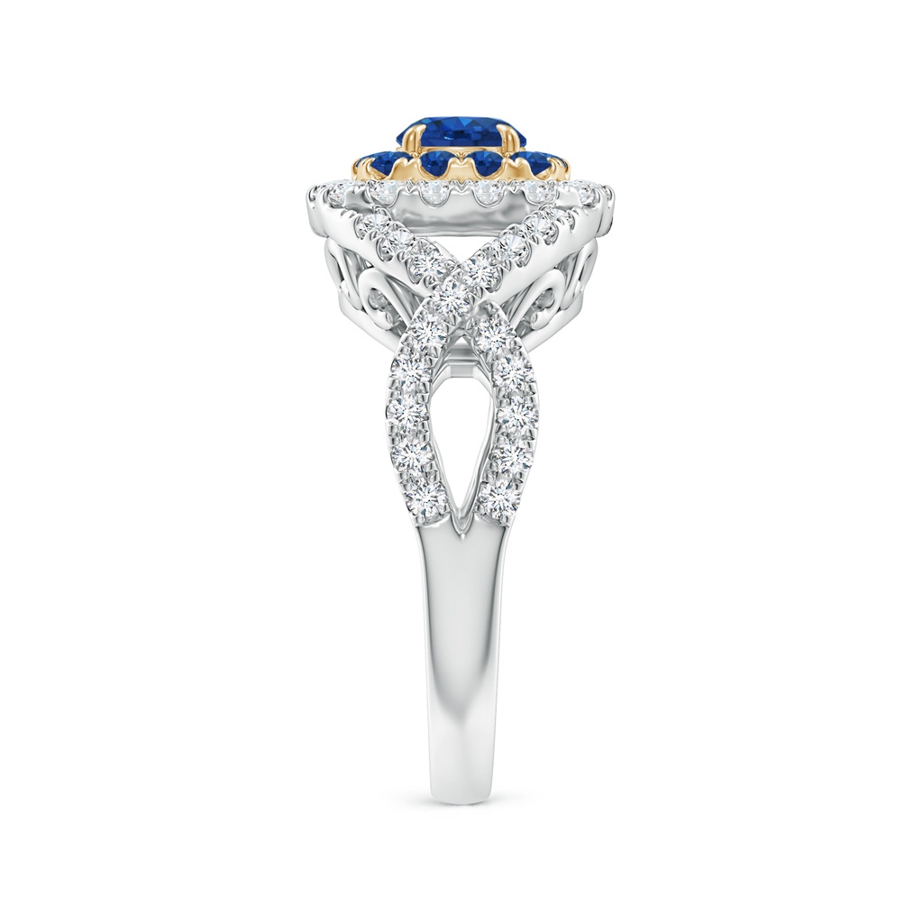 5mm AAA Sapphire & Diamond Two Tone Ring with Criss-Cross Shank in Yellow Gold White Gold Product Image