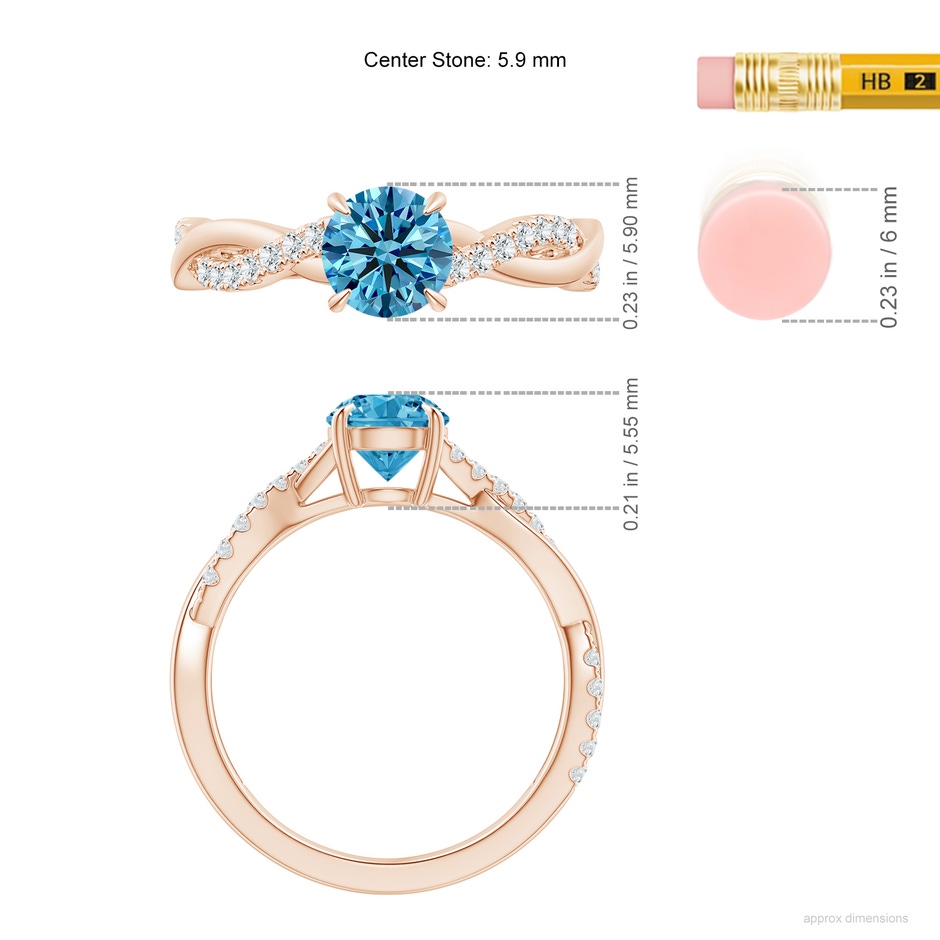5.9mm AAAA Classic Solitaire Fancy Intense Blue Diamond Twist Shank Engagement Ring in Rose Gold ruler