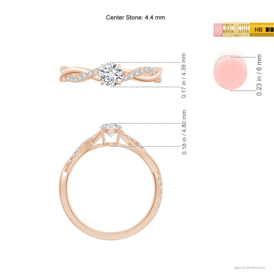 4.4mm HSI2 Classic Solitaire Diamond Twist Shank Engagement Ring in Rose Gold ruler