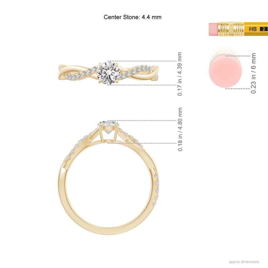 4.4mm IJI1I2 Classic Solitaire Diamond Twist Shank Engagement Ring in Yellow Gold ruler