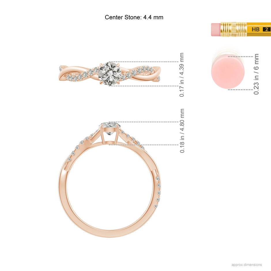 4.4mm KI3 Classic Solitaire Diamond Twist Shank Engagement Ring in Rose Gold ruler