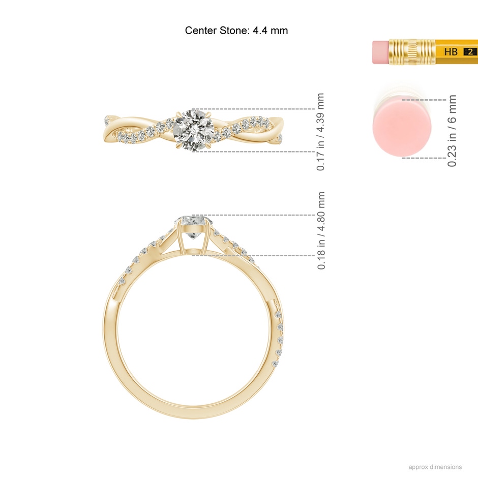 4.4mm KI3 Classic Solitaire Diamond Twist Shank Engagement Ring in Yellow Gold ruler