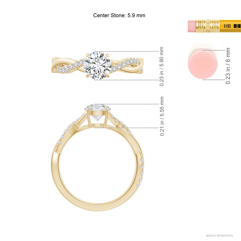 5.9mm HSI2 Classic Solitaire Diamond Twist Shank Engagement Ring in Yellow Gold ruler