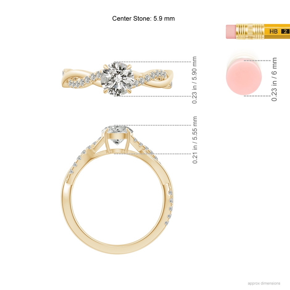 5.9mm KI3 Classic Solitaire Diamond Twist Shank Engagement Ring in Yellow Gold ruler