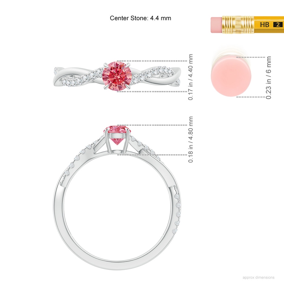 4.4mm AAAA Classic Solitaire Fancy Intense Pink Diamond Twist Shank Engagement Ring in P950 Platinum ruler