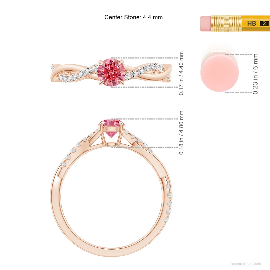 4.4mm AAAA Classic Solitaire Fancy Intense Pink Diamond Twist Shank Engagement Ring in Rose Gold ruler