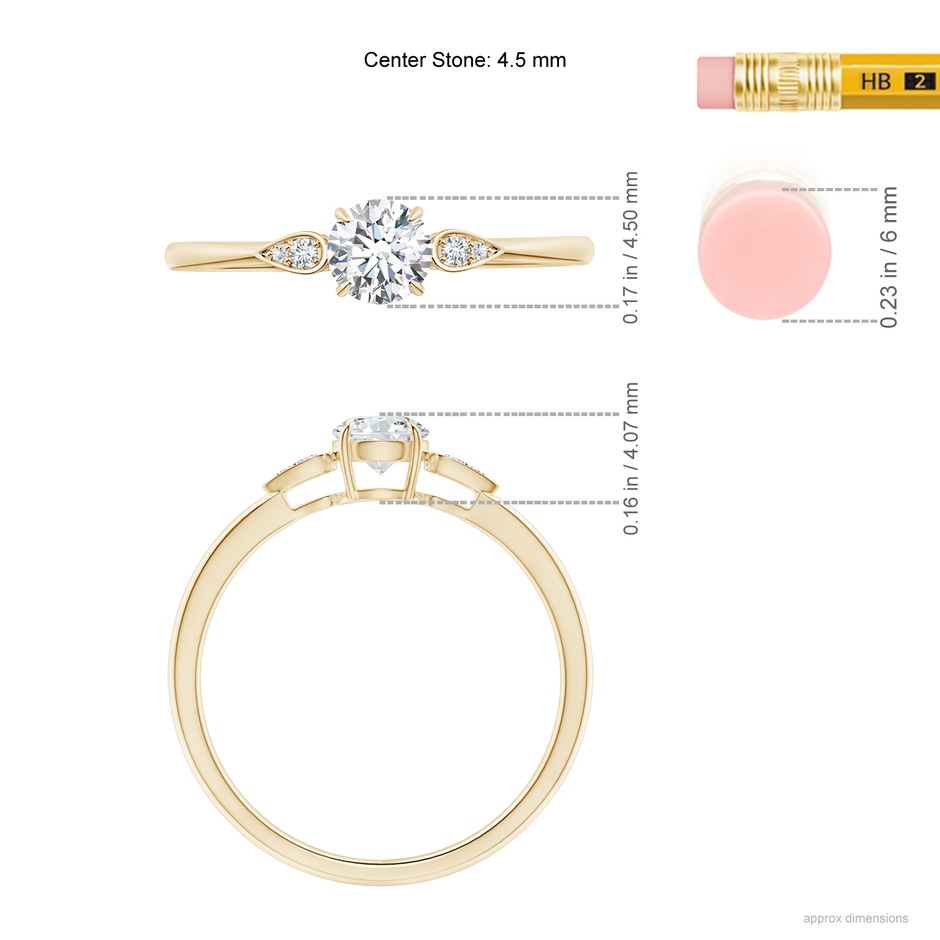 4.5mm GVS2 Round Diamond Trilogy Engagement Ring with Pear Motifs in Yellow Gold ruler