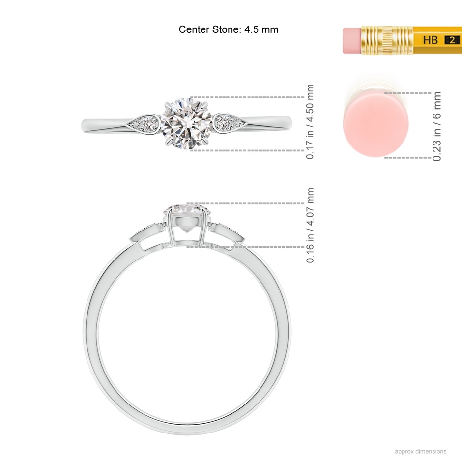 4.5mm IJI1I2 Round Diamond Trilogy Engagement Ring with Pear Motifs in White Gold ruler