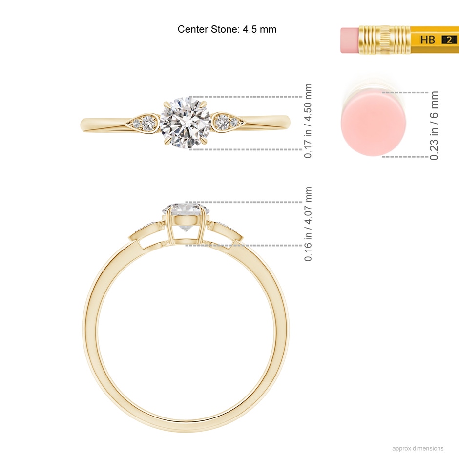 4.5mm IJI1I2 Round Diamond Trilogy Engagement Ring with Pear Motifs in Yellow Gold ruler