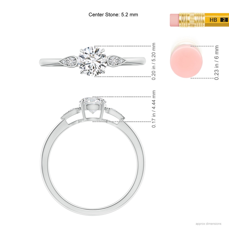 5.2mm HSI2 Round Diamond Trilogy Engagement Ring with Pear Motifs in White Gold ruler