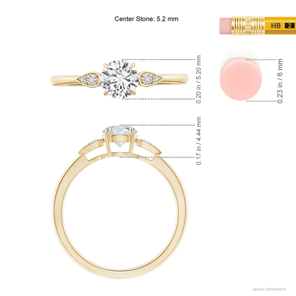 5.2mm HSI2 Round Diamond Trilogy Engagement Ring with Pear Motifs in Yellow Gold ruler