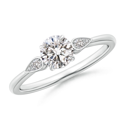 5.2mm IJI1I2 Round Diamond Trilogy Engagement Ring with Pear Motifs in White Gold