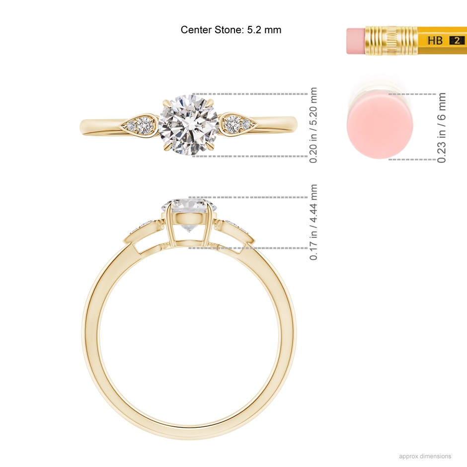 5.2mm IJI1I2 Round Diamond Trilogy Engagement Ring with Pear Motifs in Yellow Gold ruler