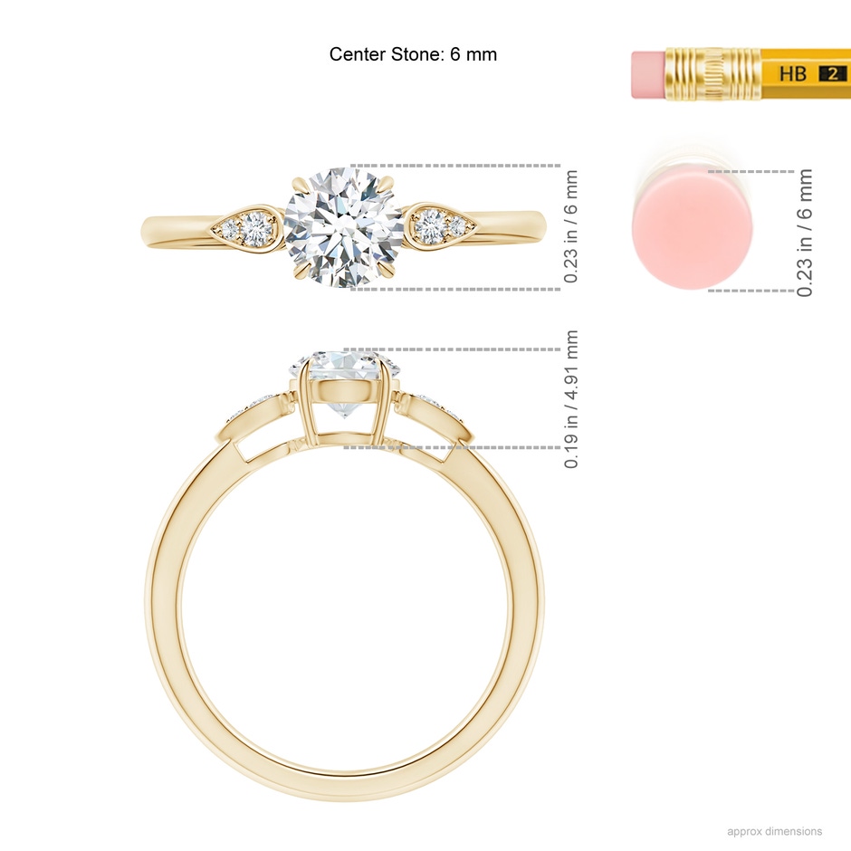 6mm GVS2 Round Diamond Trilogy Engagement Ring with Pear Motifs in Yellow Gold ruler