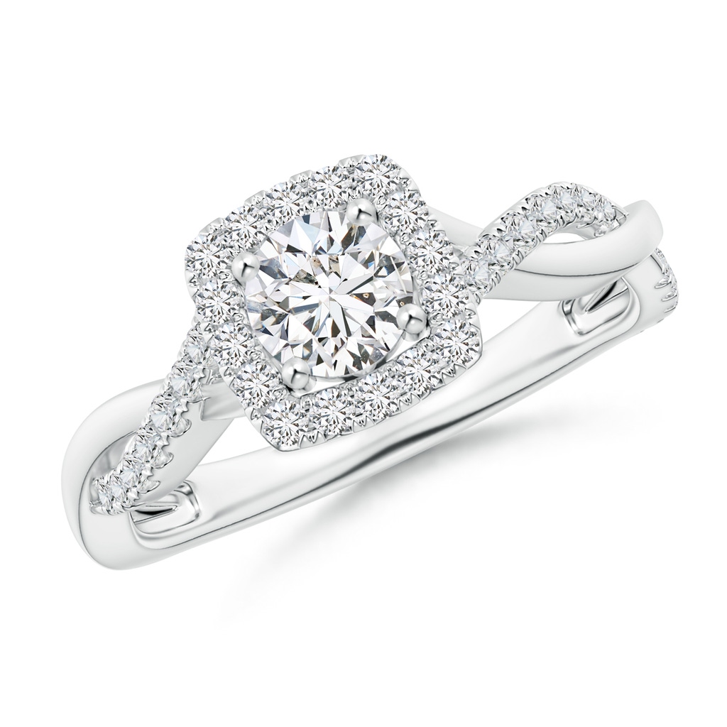 4.8mm HSI2 Twist Shank Round Diamond Halo Ring in White Gold