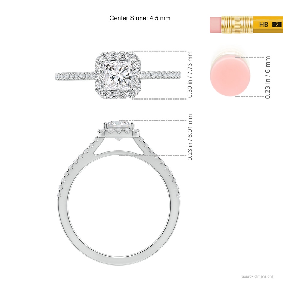 4.5mm HSI2 Prong-Set Princess-Cut Diamond Halo Engagement Ring in White Gold ruler