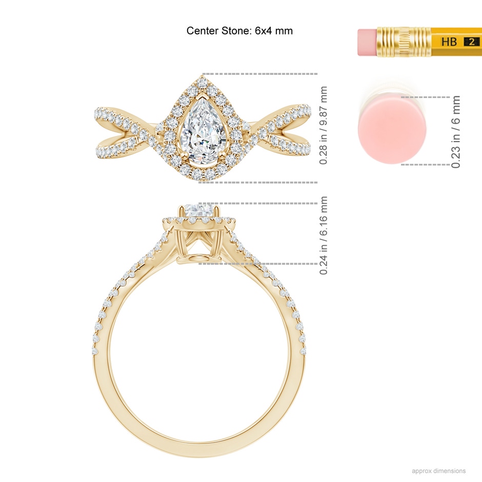 6x4mm GVS2 Criss-Cross Pear-Shaped Diamond Halo Engagement Ring in Yellow Gold ruler