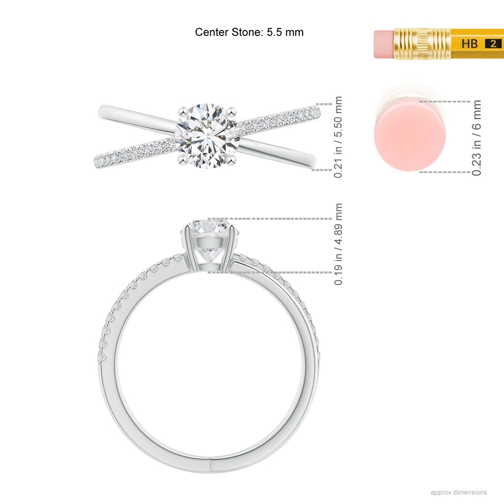 5.5mm HSI2 Solitaire Round Diamond Criss-Cross Engagement Ring in White Gold Ruler