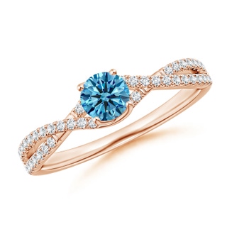 4.5mm AAAA Twist Shank Solitaire Round Fancy Intense Blue Diamond Engagement Ring in 18K Rose Gold