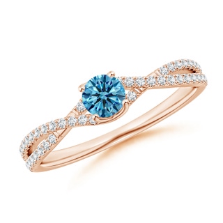 4mm AAAA Twist Shank Solitaire Round Fancy Intense Blue Diamond Engagement Ring in 18K Rose Gold
