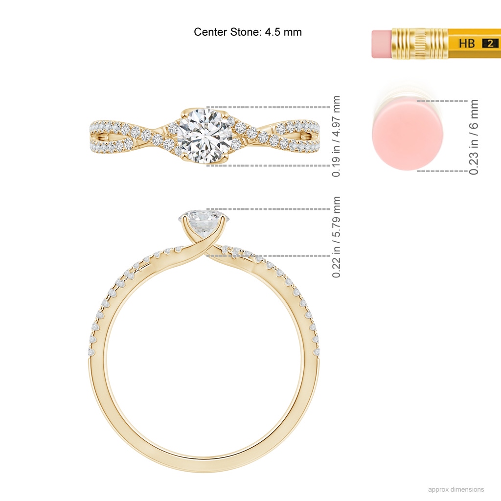 4.5mm HSI2 Twist Shank Solitaire Round Diamond Engagement Ring in 10K Yellow Gold Ruler