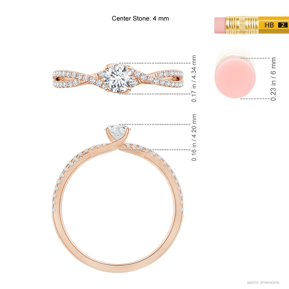 4mm GVS2 Twist Shank Solitaire Round Diamond Engagement Ring in Rose Gold ruler