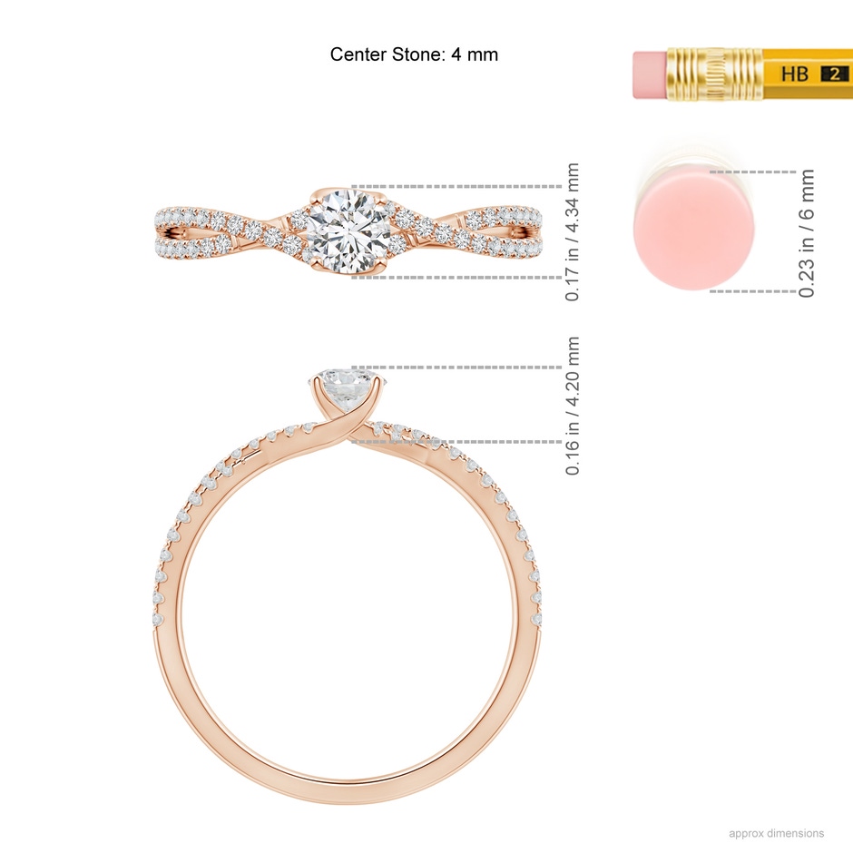 4mm HSI2 Twist Shank Solitaire Round Diamond Engagement Ring in Rose Gold ruler