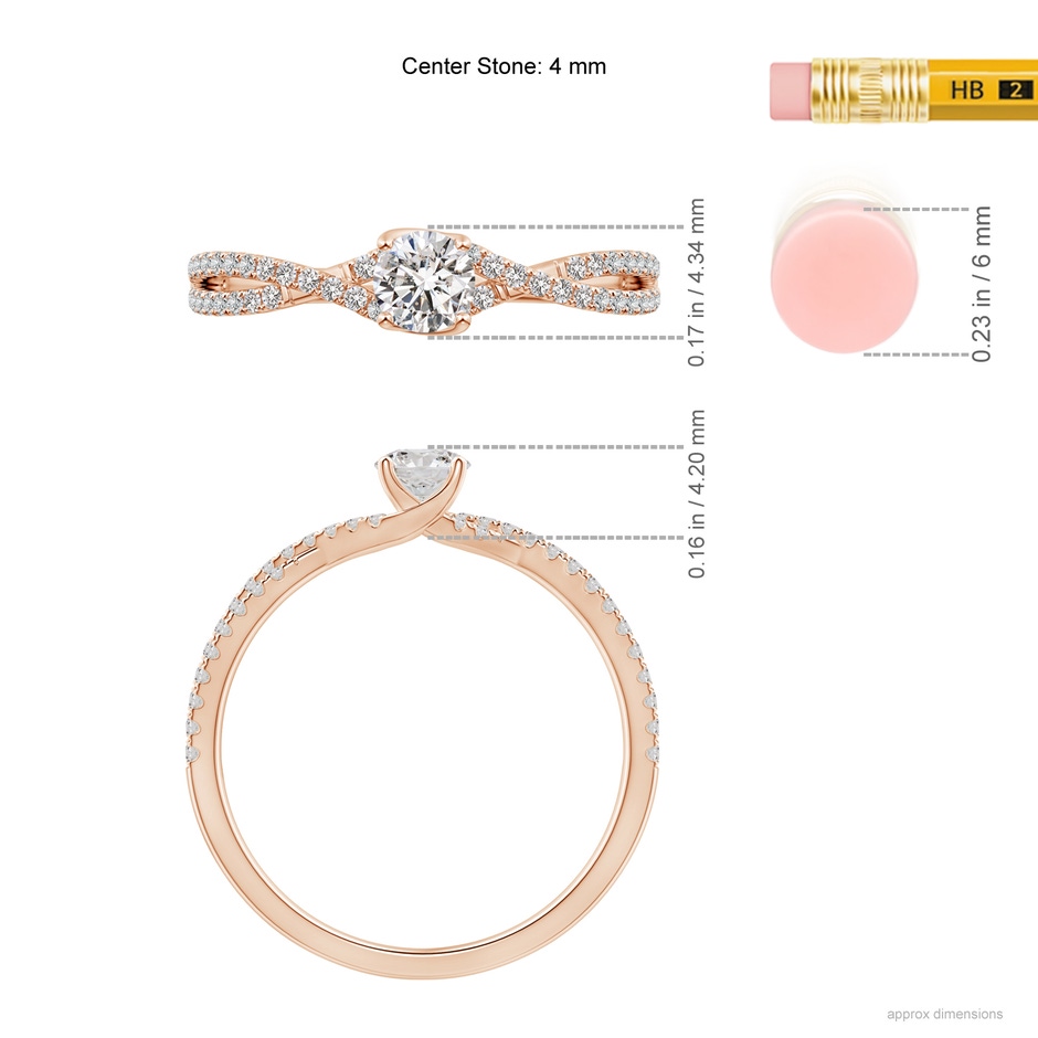 4mm IJI1I2 Twist Shank Solitaire Round Diamond Engagement Ring in Rose Gold ruler