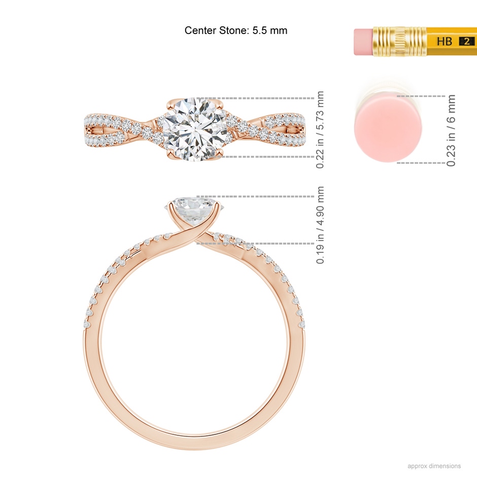 5.5mm HSI2 Twist Shank Solitaire Round Diamond Engagement Ring in Rose Gold ruler