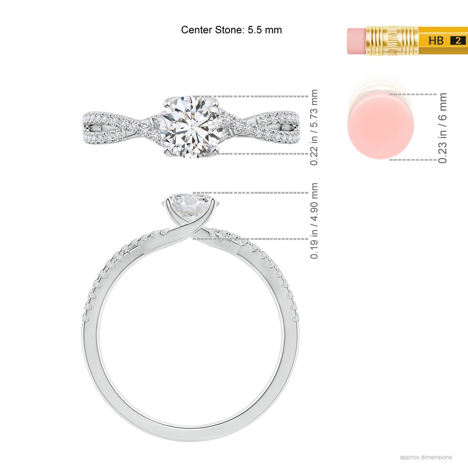 5.5mm HSI2 Twist Shank Solitaire Round Diamond Engagement Ring in White Gold ruler