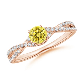 4.5mm AAAA Twist Shank Solitaire Round Fancy Intense Yellow Diamond Engagement Ring in 18K Rose Gold