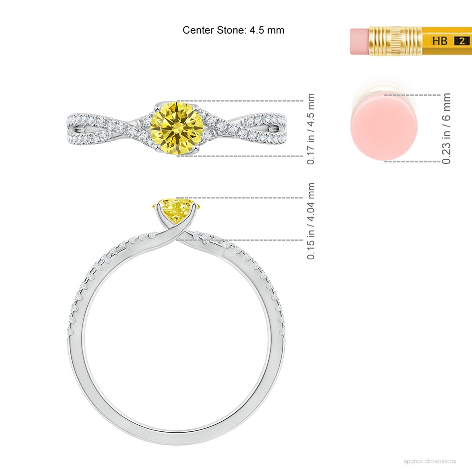 4.5mm AAAA Twist Shank Solitaire Round Fancy Intense Yellow Diamond Engagement Ring in White Gold ruler