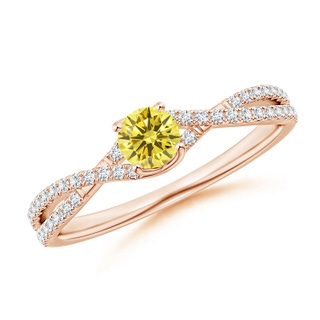 4mm AAAA Twist Shank Solitaire Round Fancy Intense Yellow Diamond Engagement Ring in 18K Rose Gold