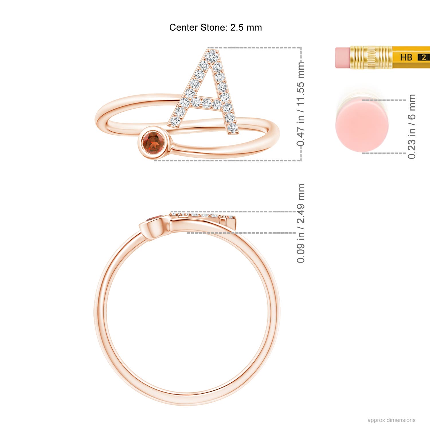 2.5mm A Capital "A" Diamond Initial Ring with Bezel-Set Garnet in Rose Gold - ruler