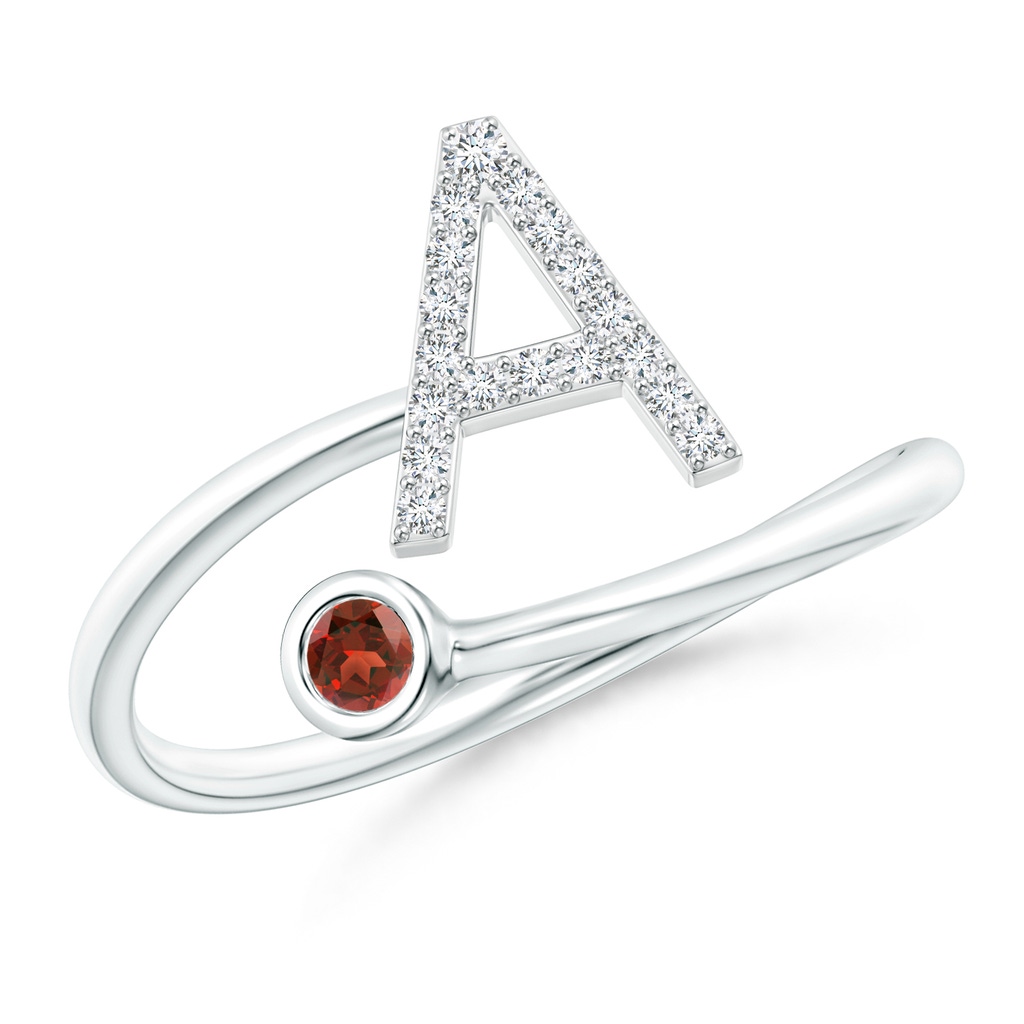 2.5mm AAA Capital "A" Diamond Initial Ring with Bezel-Set Garnet in White Gold