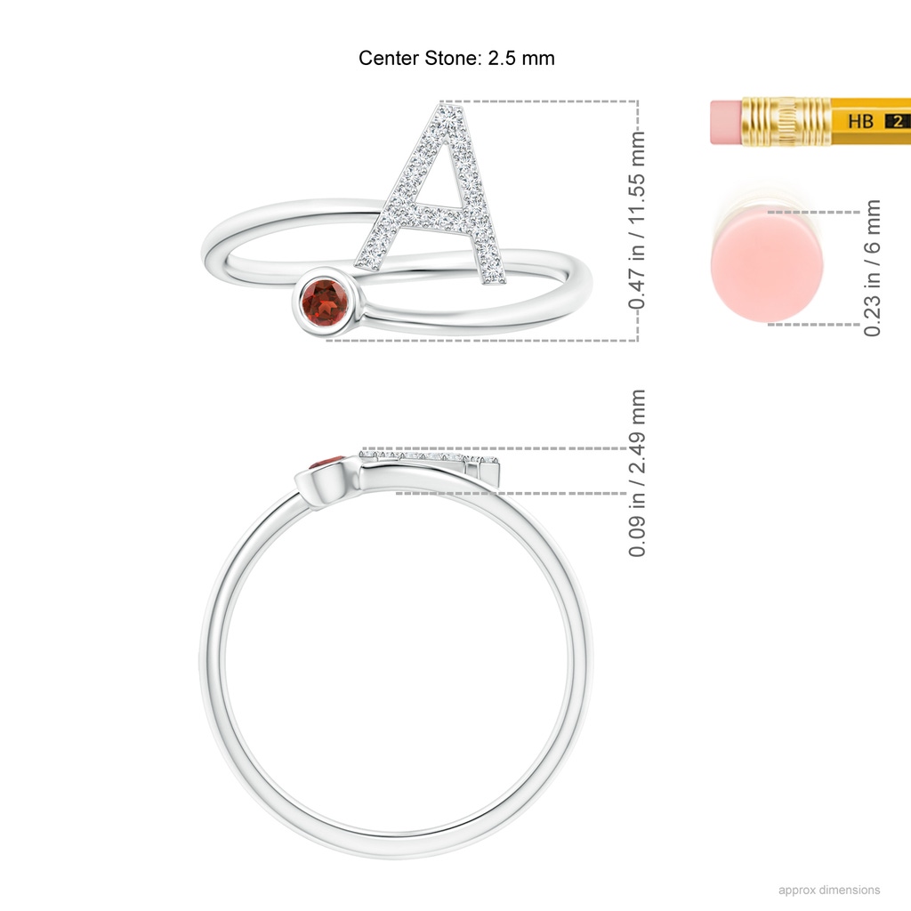 2.5mm AAA Capital "A" Diamond Initial Ring with Bezel-Set Garnet in White Gold Ruler