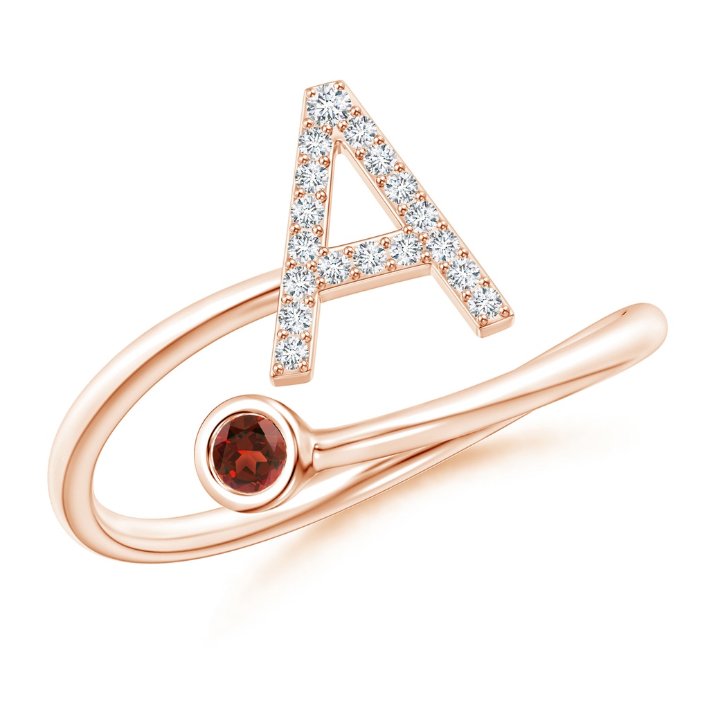 2.5mm AAAA Capital "A" Diamond Initial Ring with Bezel-Set Garnet in Rose Gold