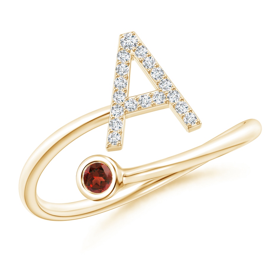 2.5mm AAAA Capital "A" Diamond Initial Ring with Bezel-Set Garnet in Yellow Gold 