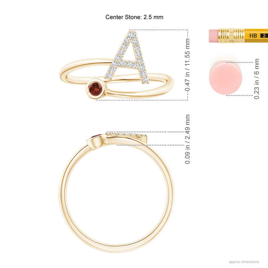 2.5mm AAAA Capital "A" Diamond Initial Ring with Bezel-Set Garnet in Yellow Gold ruler