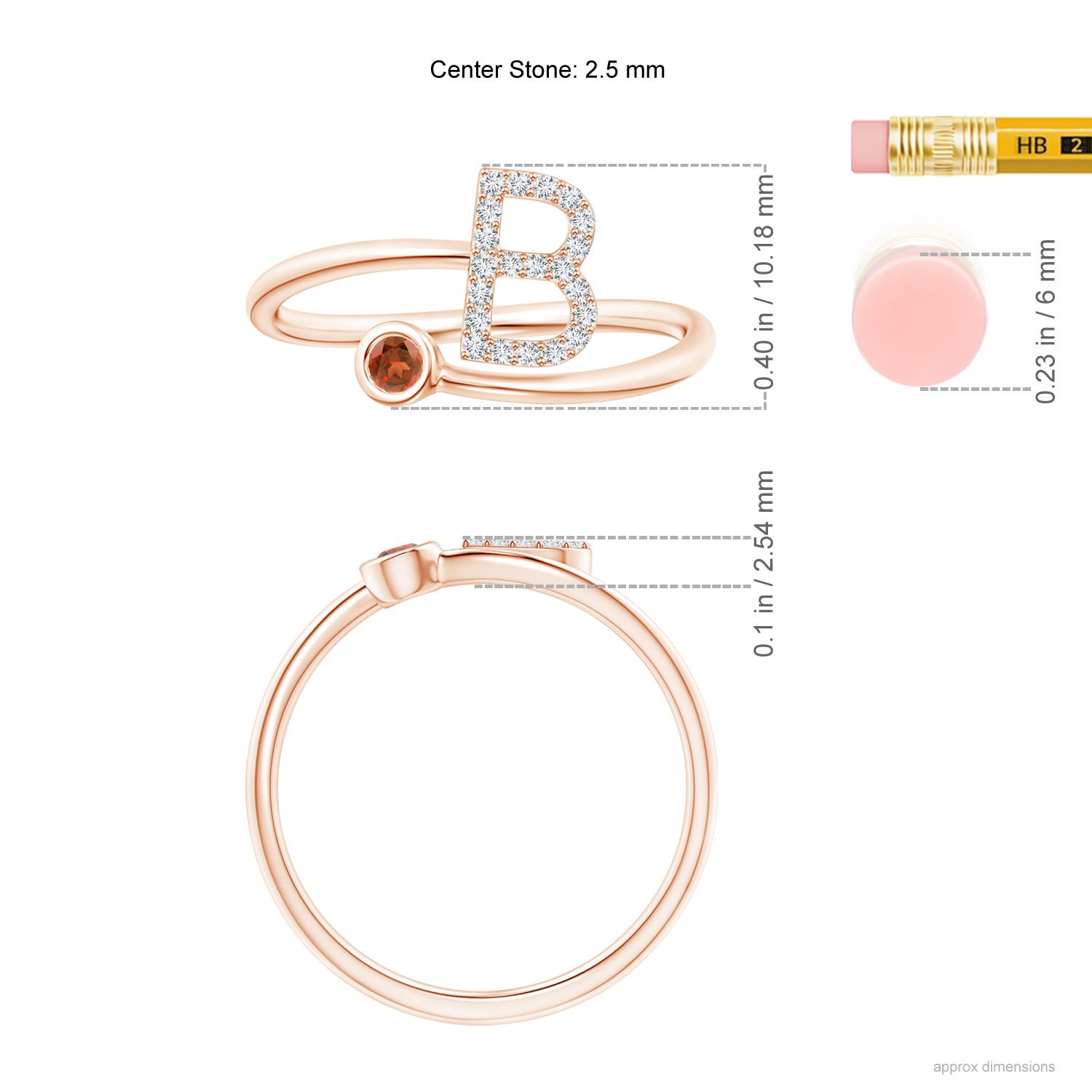 2.5mm A Capital "B" Diamond Initial Ring with Bezel-Set Garnet in Rose Gold - ruler