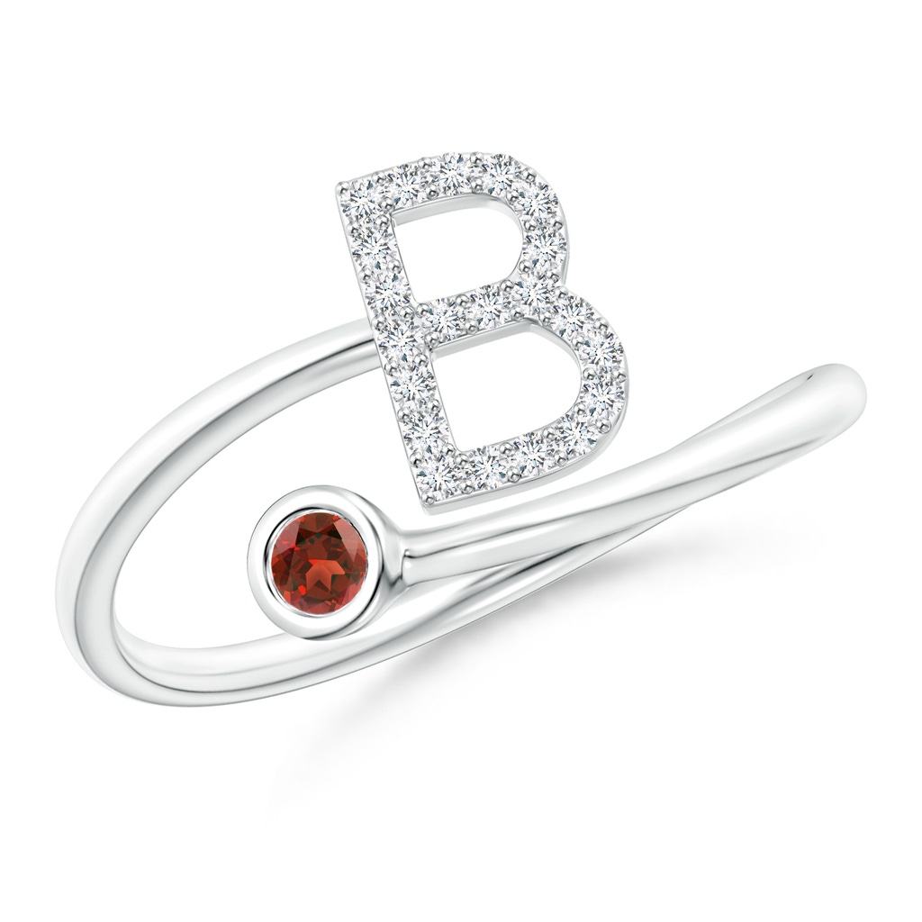 2.5mm AAA Capital "B" Diamond Initial Ring with Bezel-Set Garnet in White Gold