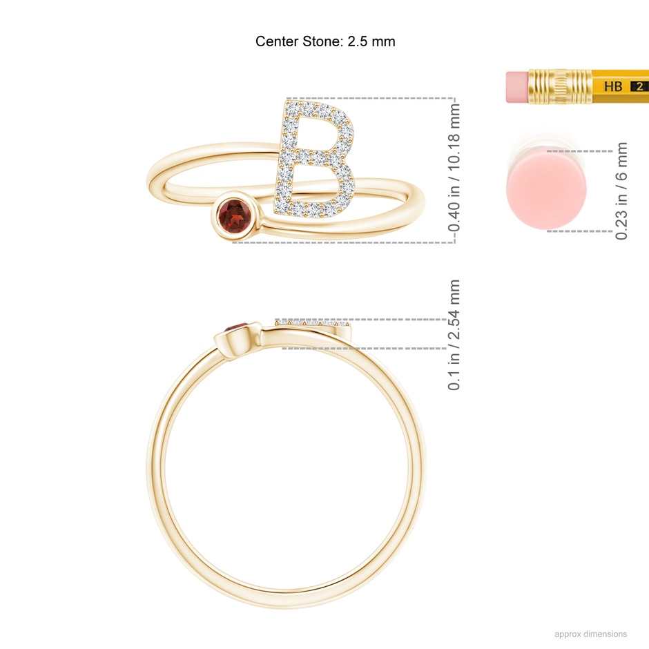 2.5mm AAAA Capital "B" Diamond Initial Ring with Bezel-Set Garnet in Yellow Gold ruler