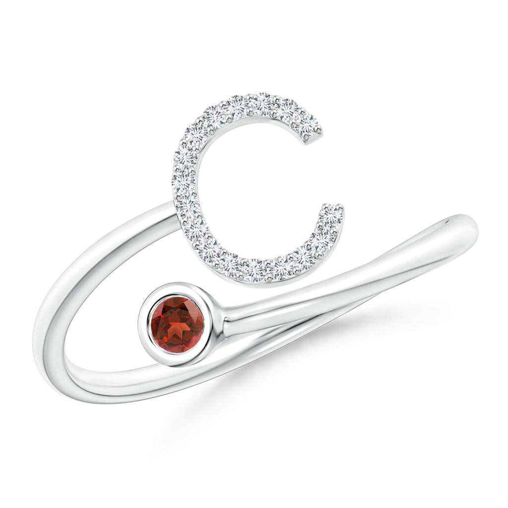 2.5mm AAA Capital "C" Diamond Initial Ring with Bezel-Set Garnet in White Gold