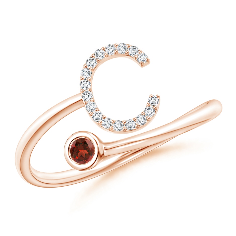 2.5mm AAAA Capital "C" Diamond Initial Ring with Bezel-Set Garnet in Rose Gold 