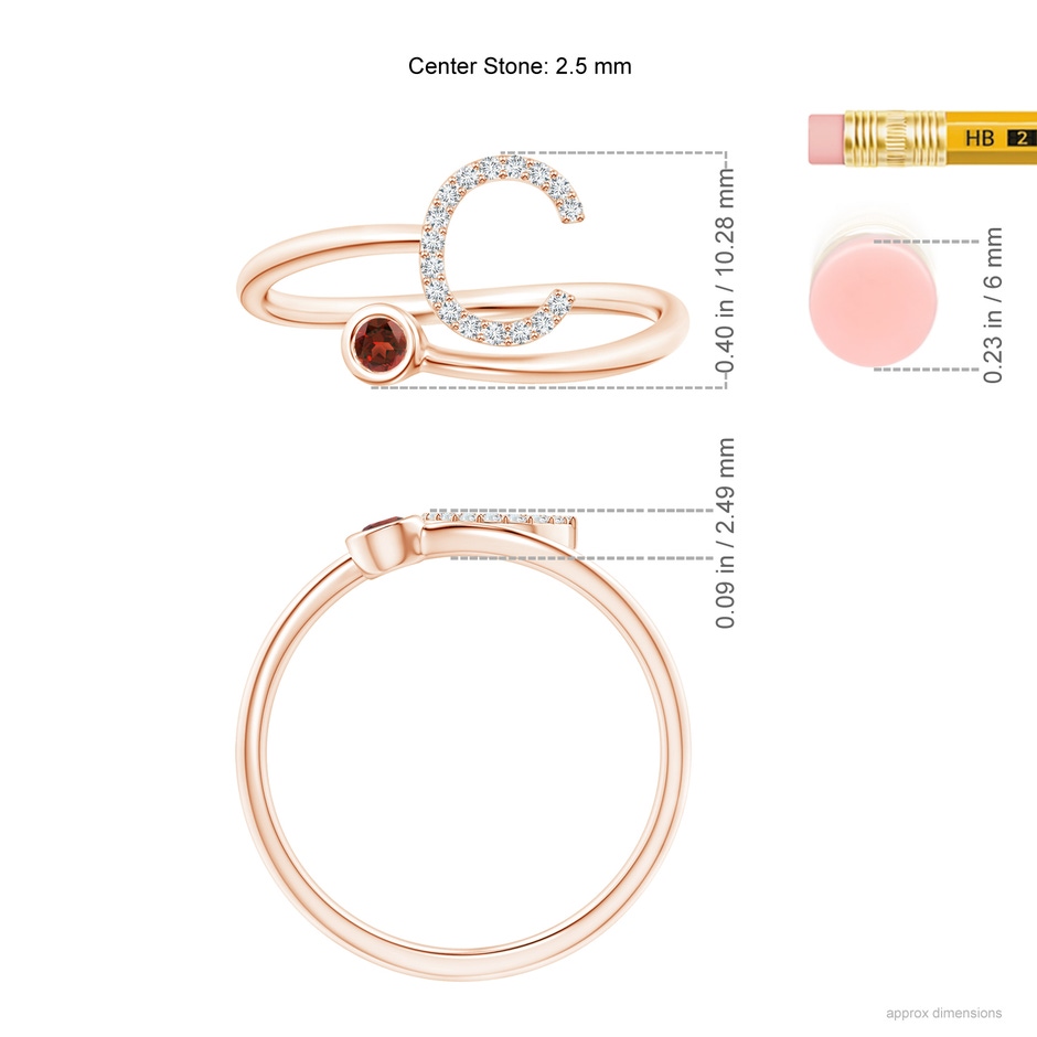 2.5mm AAAA Capital "C" Diamond Initial Ring with Bezel-Set Garnet in Rose Gold ruler