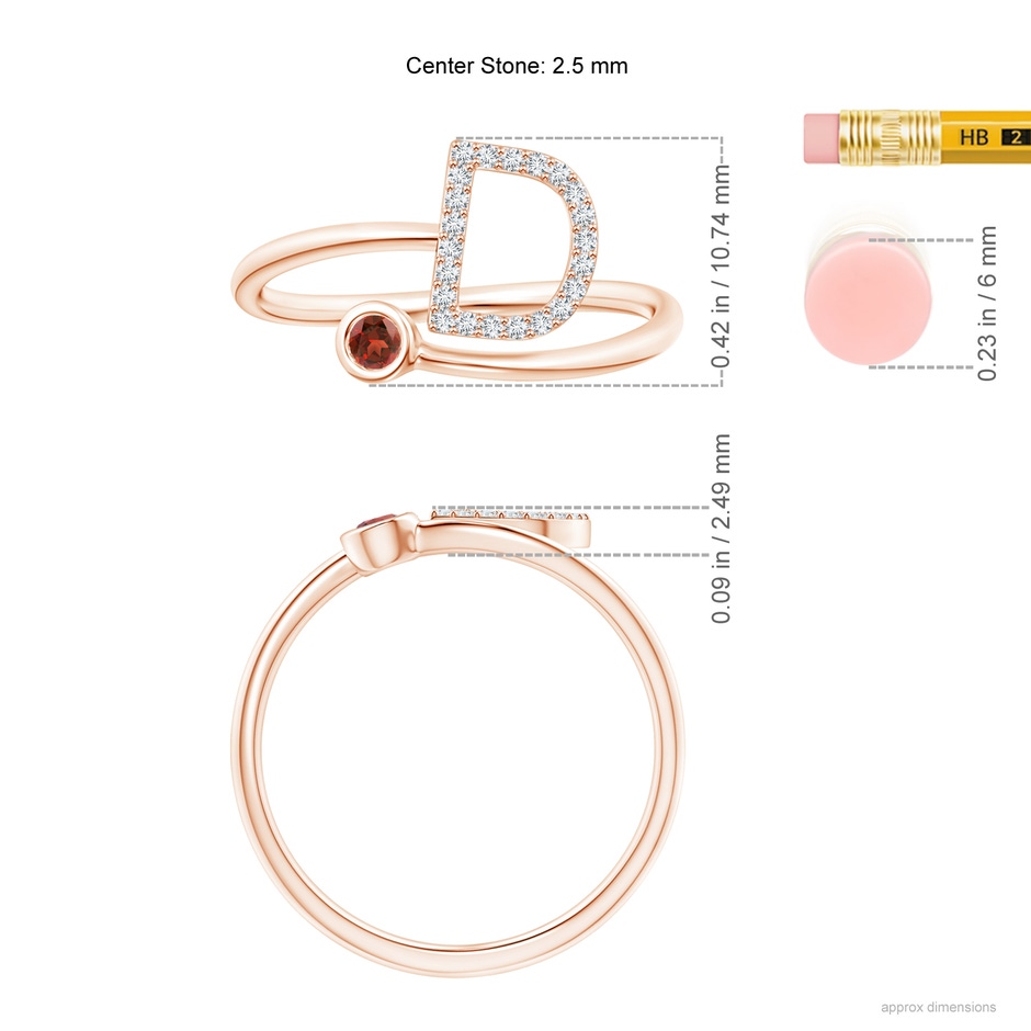 2.5mm AAA Capital "D" Diamond Initial Ring with Bezel-Set Garnet in Rose Gold ruler